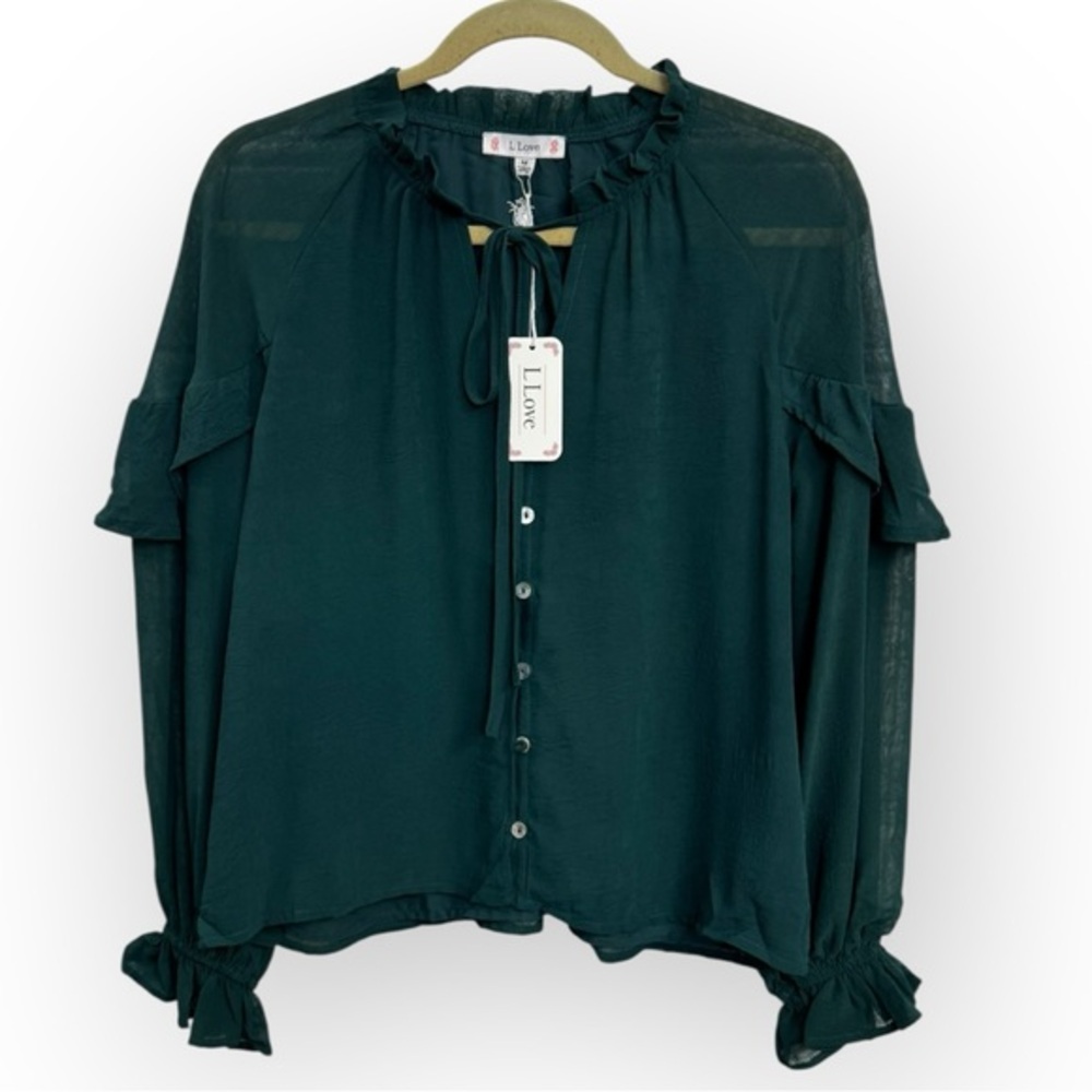 L Love Women’s Beautiful Deep Green Ruffle Blouse Size M *2120